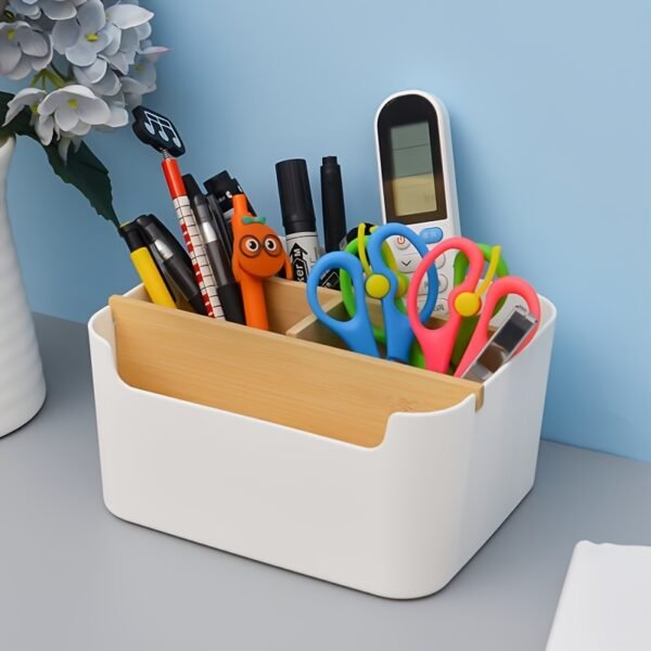 Modern Bamboo Desk Organiser with 5 Compartments for Stationery and Office Supplies