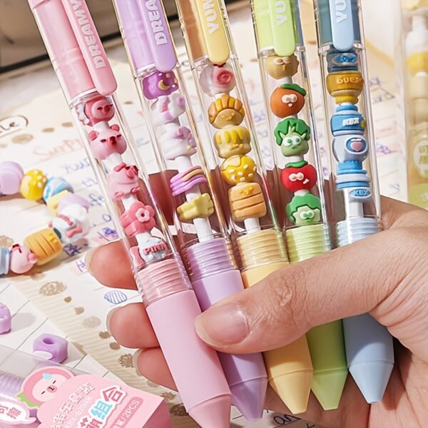 2-Pack Cute Cartoon Pet & Snack Design Retractable Gel Pens, 0.5mm Blue Ink, DIY Beadable Pens for Stress Relief - Assorted Colors
