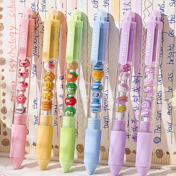 2-Pack Cute Cartoon Pet & Snack Design Retractable Gel Pens, 0.5mm Blue Ink, DIY Beadable Pens for Stress Relief - Assorted Colors