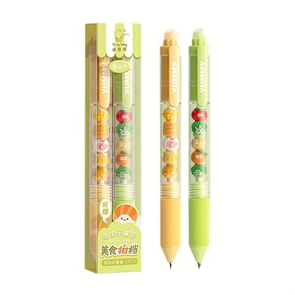 2-Pack Cute Cartoon Pet & Snack Design Retractable Gel Pens, 0.5mm Blue Ink, DIY Beadable Pens for Stress Relief - Assorted Colors