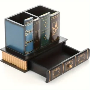 Vintage Wood Book-Shaped Pen Holder - Multifunctional Retro Desktop Organizer & Decoration for Office & Home