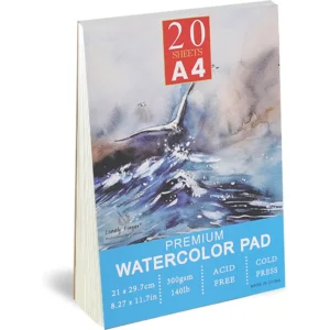 Watercolour Paper Pad A4 x 20 Sheets – Natural White 300 GSM Student Grade, Cold-Pressed, Glue Bound Water Colour Sketchbook