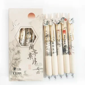 5Pcs Chinese Style Soft Grip Press Type Gel Pen 0.5 Black Ink Neutral Pen Lovely Signature Pen Writing Tool Student Supplies