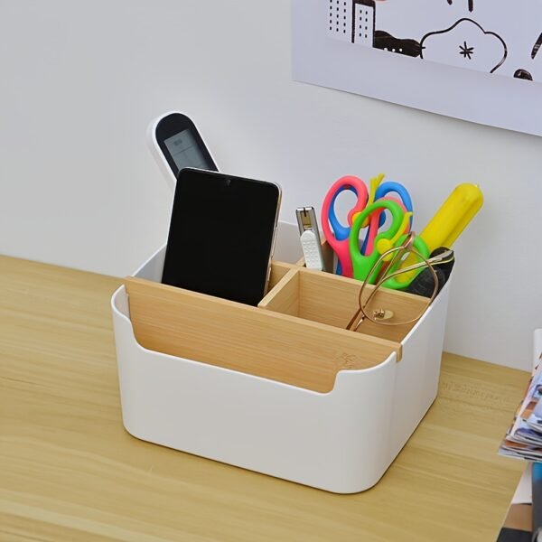 Modern Bamboo Desk Organiser with 5 Compartments for Stationery and Office Supplies