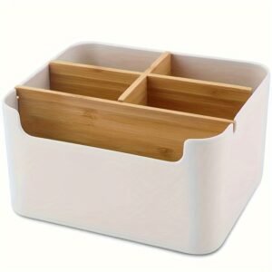 Modern Bamboo Desk Organiser with 5 Compartments for Stationery and Office Supplies